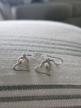 Silver Heart Drop Earrings with Pearl Accent - Women Jewelry